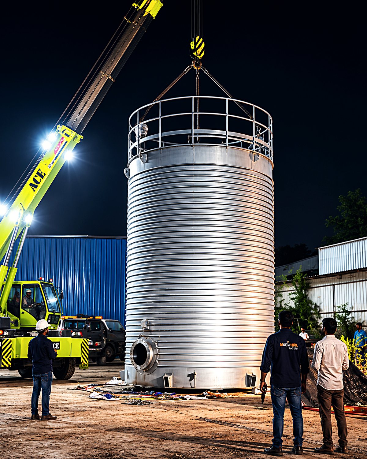 Crane lifting a large insulated and clad storage tank into position at night while the site team observes