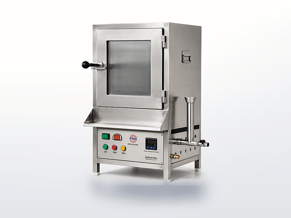 Stainless steel idli steamer cabinet with a glass viewing door