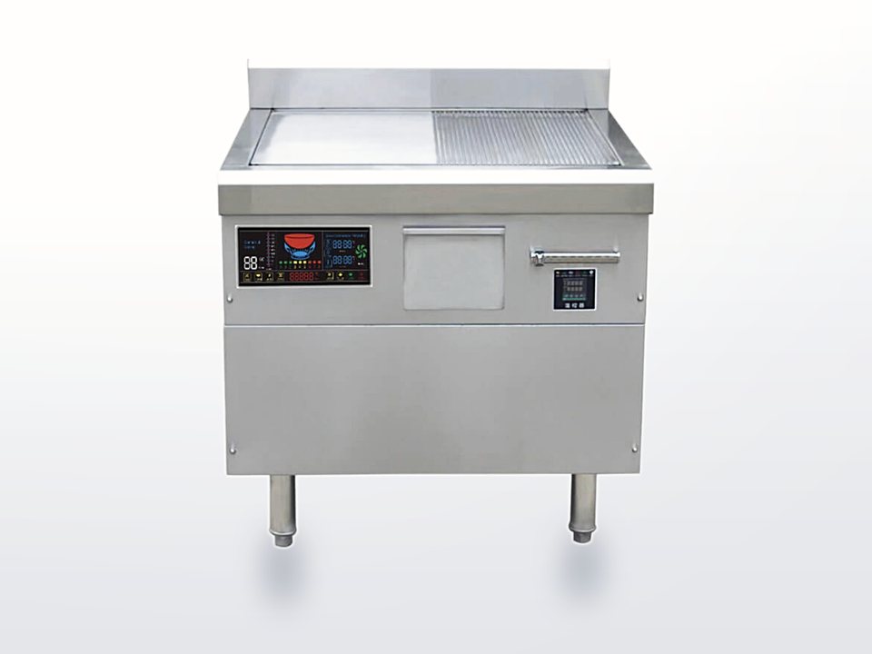 Induction griddle unit with flat and grooved plate sections and a digital control panel