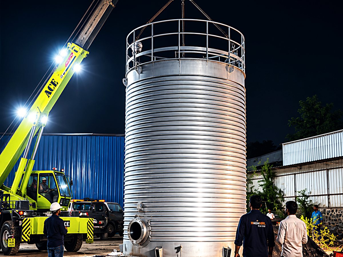 Crane lifting a large insulated and clad cylindrical storage tank at night while the site team observes