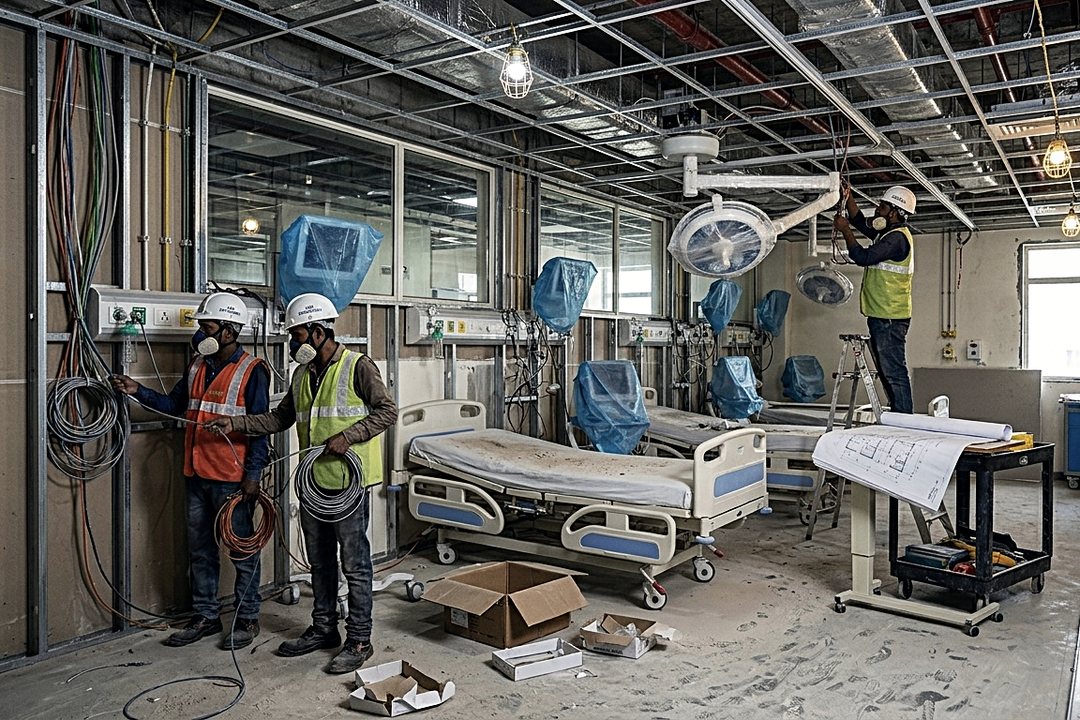 Engineering team installing infrastructure in a hospital room under construction