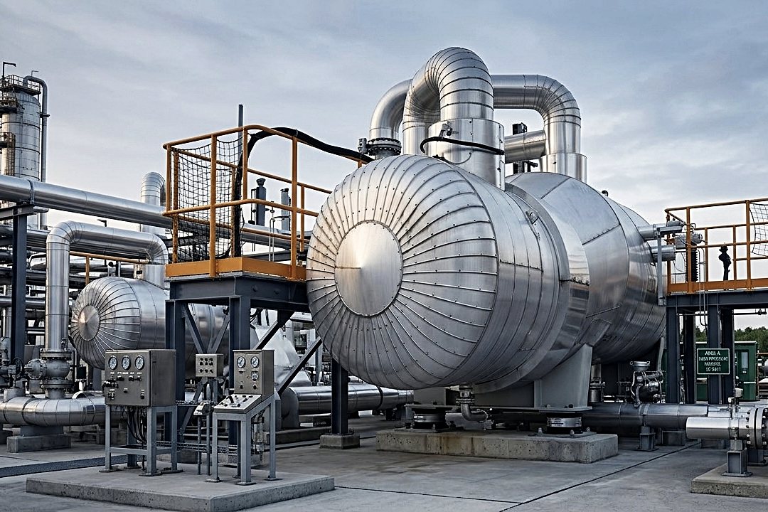 Clad and insulated process vessel and pipework at a refinery