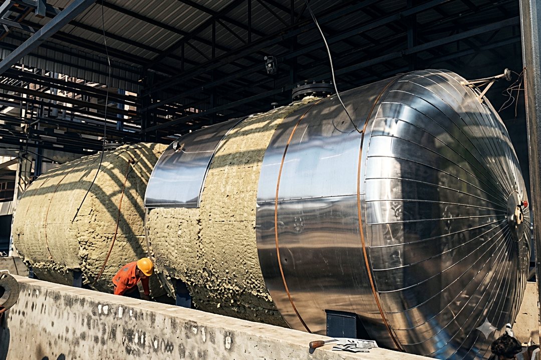 Large horizontal process vessel being insulated and clad in a fabrication yard